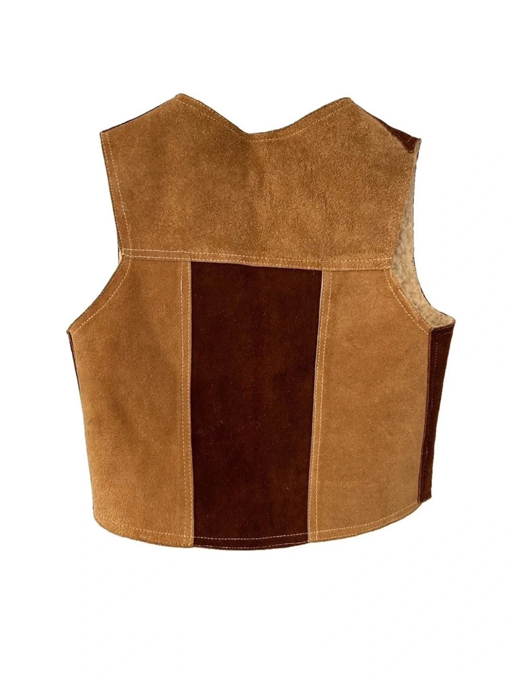 Vintage 70s Kids Suede Leather Sherpa Vest Western Patchwork Mexico Sz 18 M/L